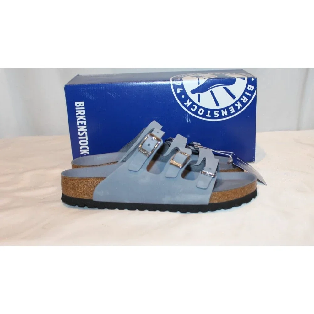 BIRKENSTOCK WOMEN'S FLORIDA LEATHER 3 STRAP SANDALS STONE BLUE 38 REGULAR